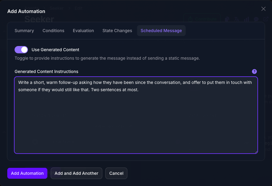 The Scheduled Message tab of the Add Automation dialog in Console with Use Generated Content turned on, showing the Generated Content Instructions field in place of the Message Content editor.