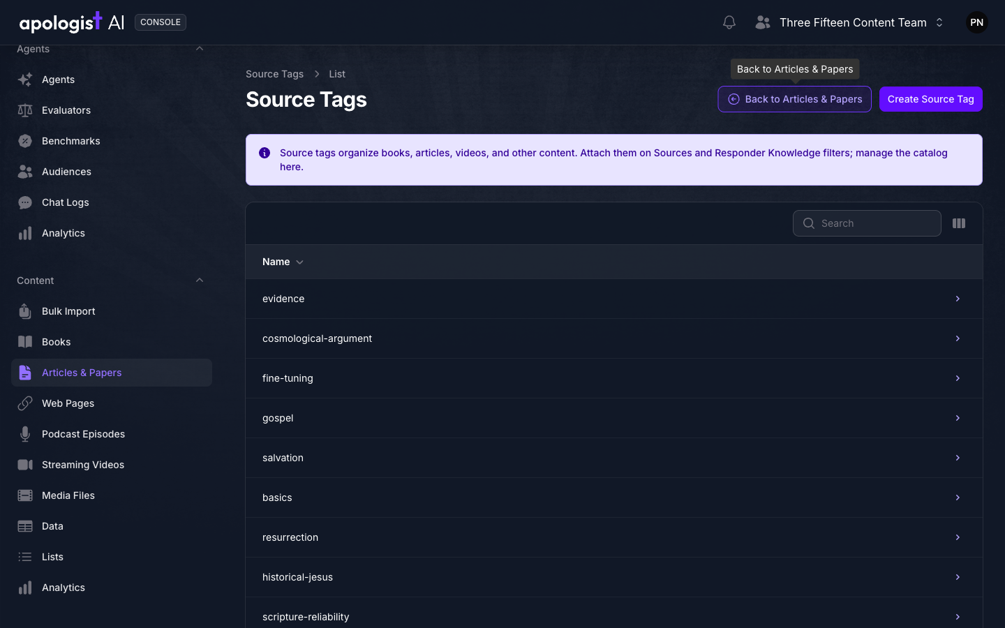 The Source Tags screen in Console, reached from Articles & Papers, with Back to Articles & Papers and Create Source Tag buttons above a list of the team's tags, including evidence, gospel and resurrection.