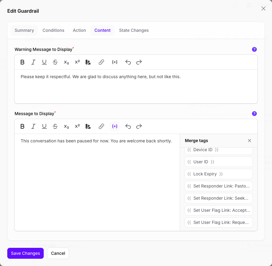 The Merge tags panel open on a guardrail's Message to Display field in Console, scrolled to show User ID and Lock Expiry above the four generated action links for this Agent's Responders and User Flags.