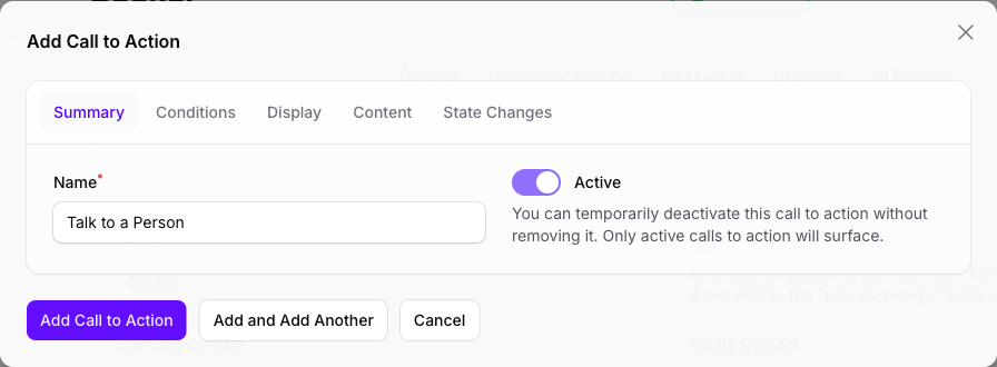 The Add Call to Action dialog in Console on its Summary tab, with the Name filled in as Talk to a Person and the Active toggle turned on, above the Add Call to Action, Add and Add Another, and Cancel buttons.