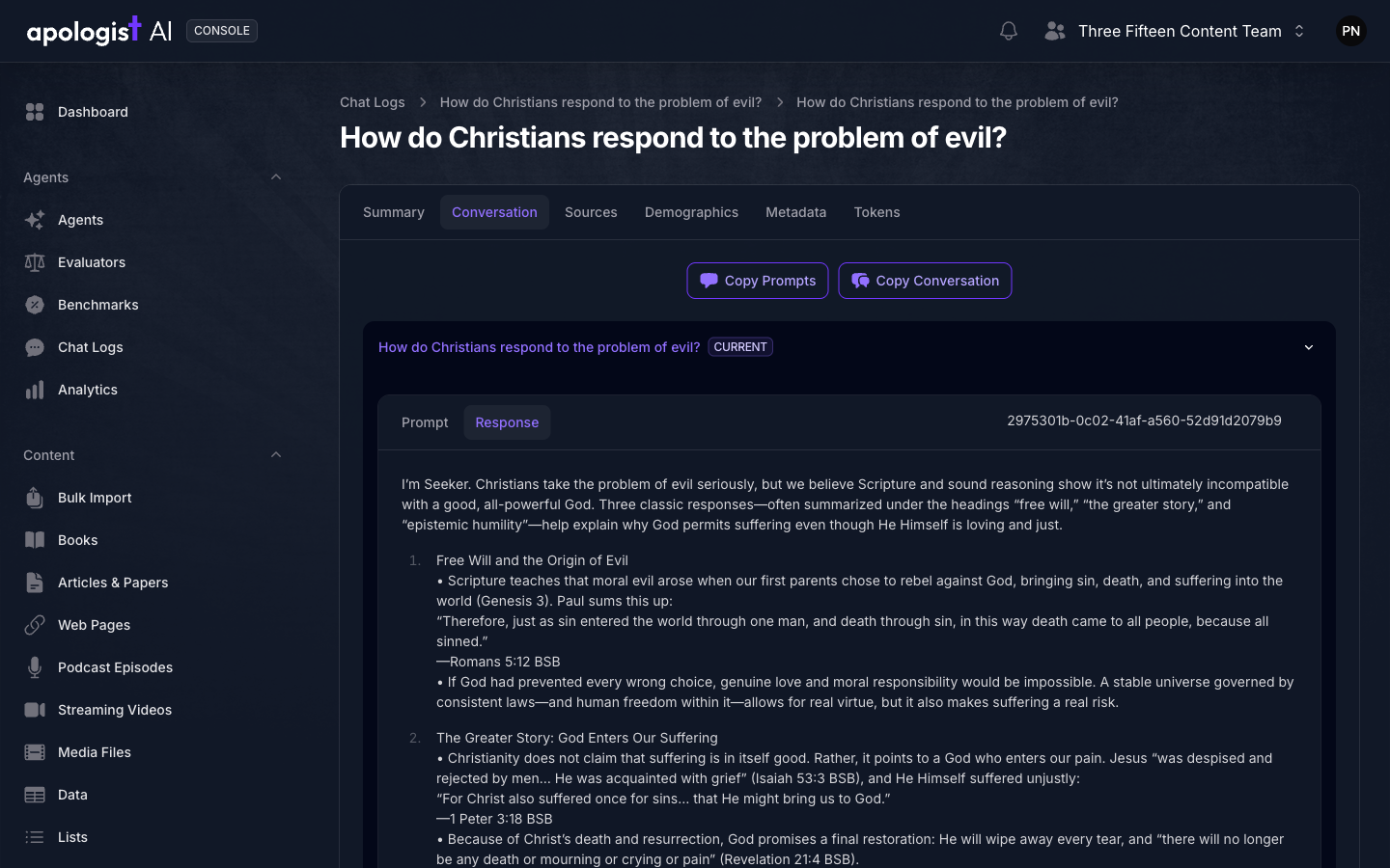 A single chat log in Console on its Conversation tab, showing the Agent's response to a question about the problem of evil, with the rest of the conversation collapsed below.
