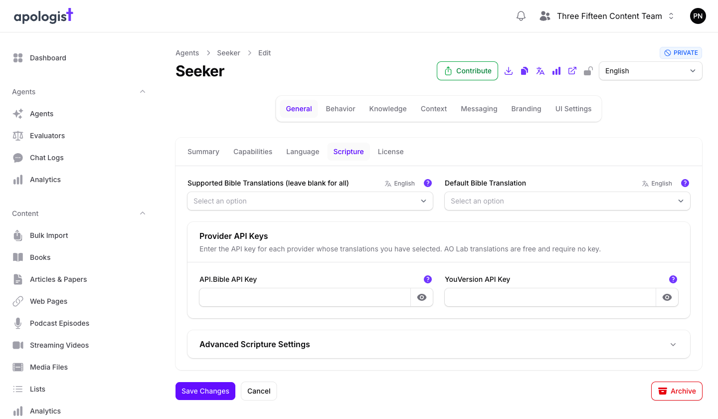 The Scripture tab of the Seeker Agent's General page in Console, showing the Supported Bible Translations and Default Bible Translation fields each marked English, a Provider API Keys section with API.Bible and YouVersion key fields, and a collapsed Advanced Scripture Settings section.