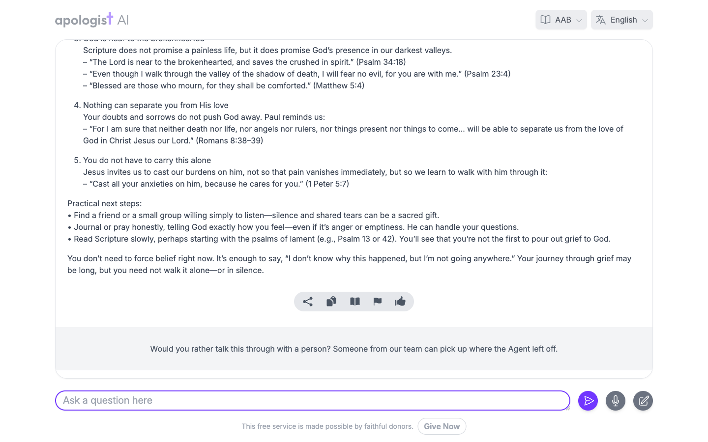 The Seeker Agent answering a visitor about grief and doubt, with the Talk to a Person call to action shown in a panel below the response.