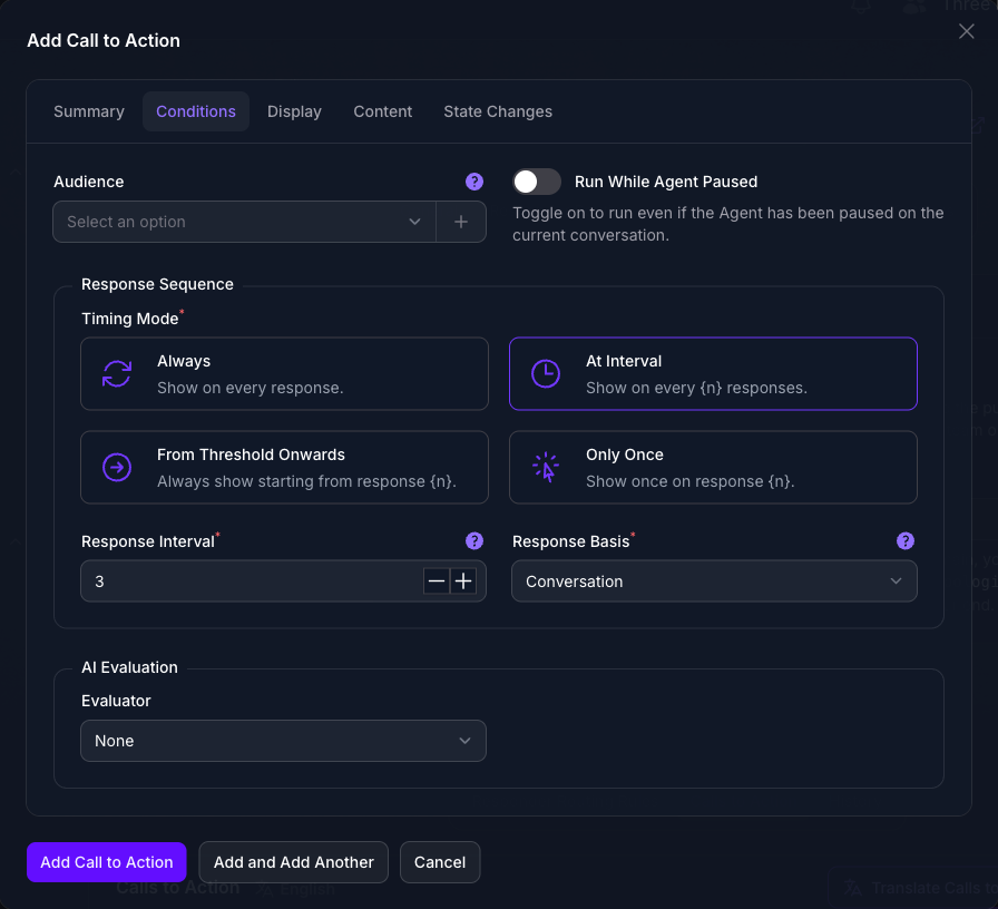 The Conditions tab of a second Add Call to Action dialog in Console, with At Interval selected among the four timing modes, a Response Interval of 3, a Response Basis of Conversation, and no Evaluator chosen.