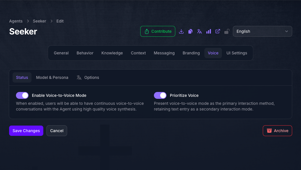 The Status tab of the Seeker Agent's Voice page in Console, with Enable Voice-to-Voice Mode turned on beside Prioritize Voice.