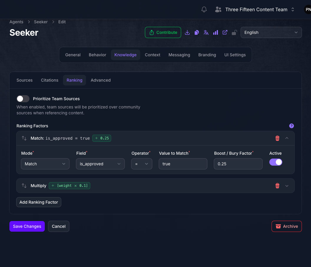 The Ranking tab of the Seeker Agent's Knowledge page in Console, showing the Prioritize Team Sources toggle above two ranking factors: an expanded Match factor on is_approved with a boost of 0.25, and a collapsed Multiply factor on weight.