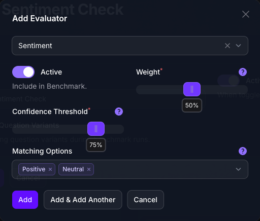 The Add Evaluator dialog on a Benchmark in Console, with the Sentiment evaluator selected, Active on, Weight at 50%, Confidence Threshold at 75%, and Positive and Neutral chosen under Matching Options.