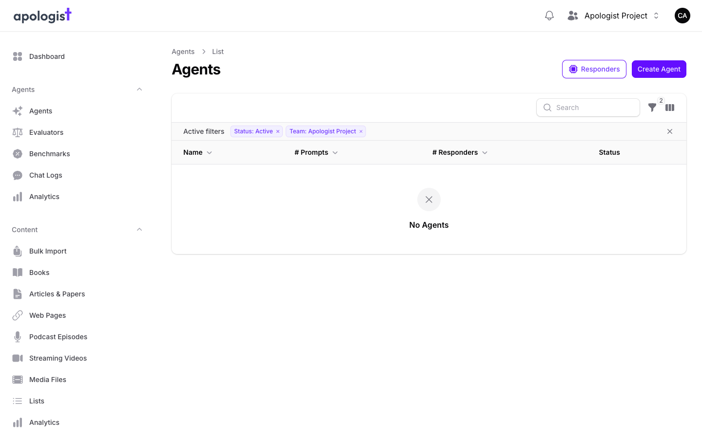 The Agents list in Console with the Create Agent button in the top right.