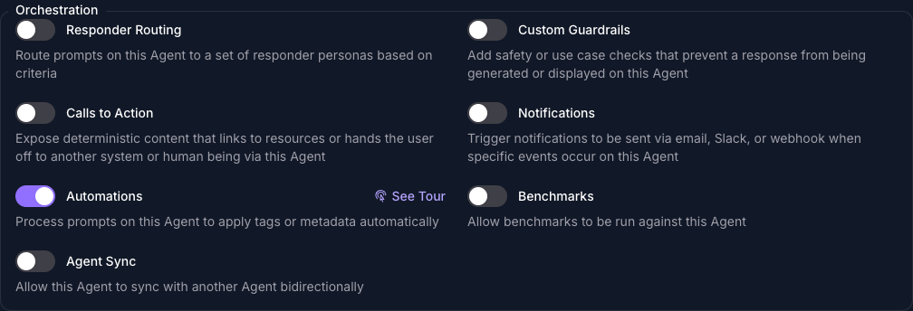 The Orchestration group on the Capabilities tab of the Seeker Agent's General page in Console, with Automations turned on and every other capability in the group turned off.