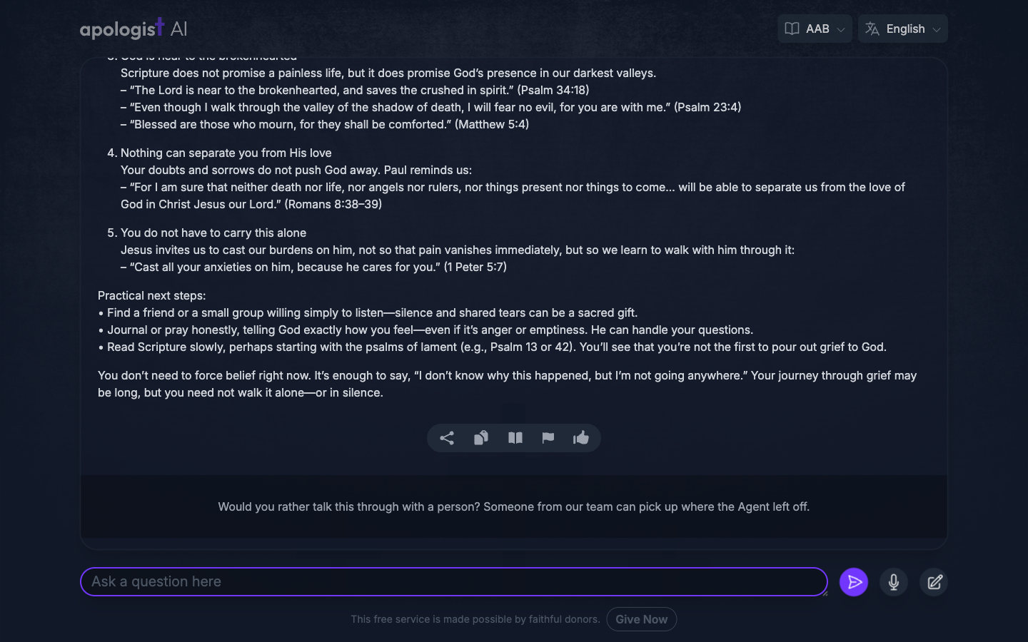 The Seeker Agent answering a visitor about grief and doubt, with the Talk to a Person call to action shown in a panel below the response.