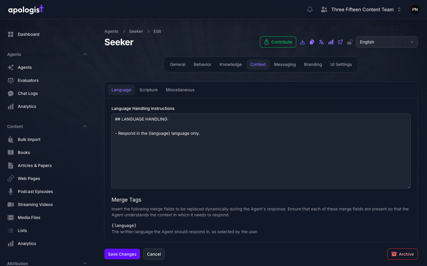 The Language tab of the Seeker Agent's Context page in Console, showing a Language Handling Instructions field containing a LANGUAGE HANDLING block that uses the language merge tag, above a Merge Tags reference listing that tag.