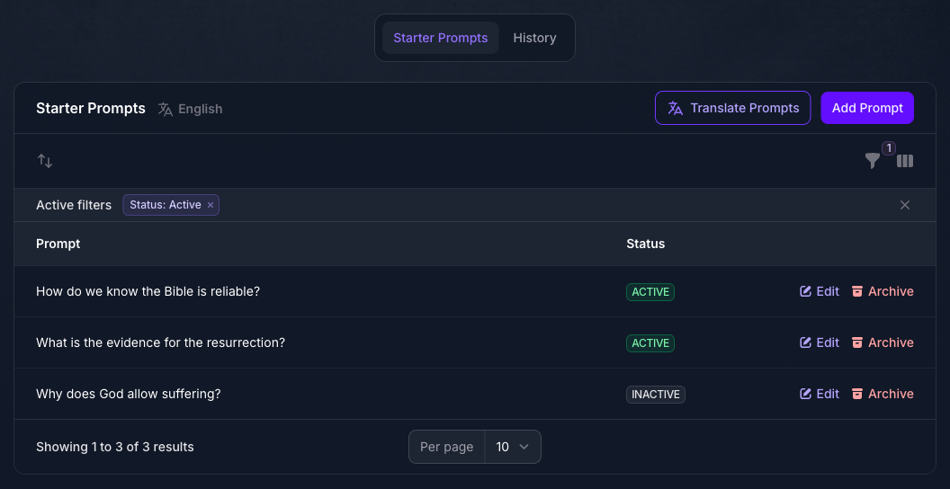 The Starter Prompts tab on the Seeker Agent's General page in Console, listing three prompts, two marked ACTIVE and one INACTIVE, with Edit and Archive on each row and Translate Prompts and Add Prompt above the list.