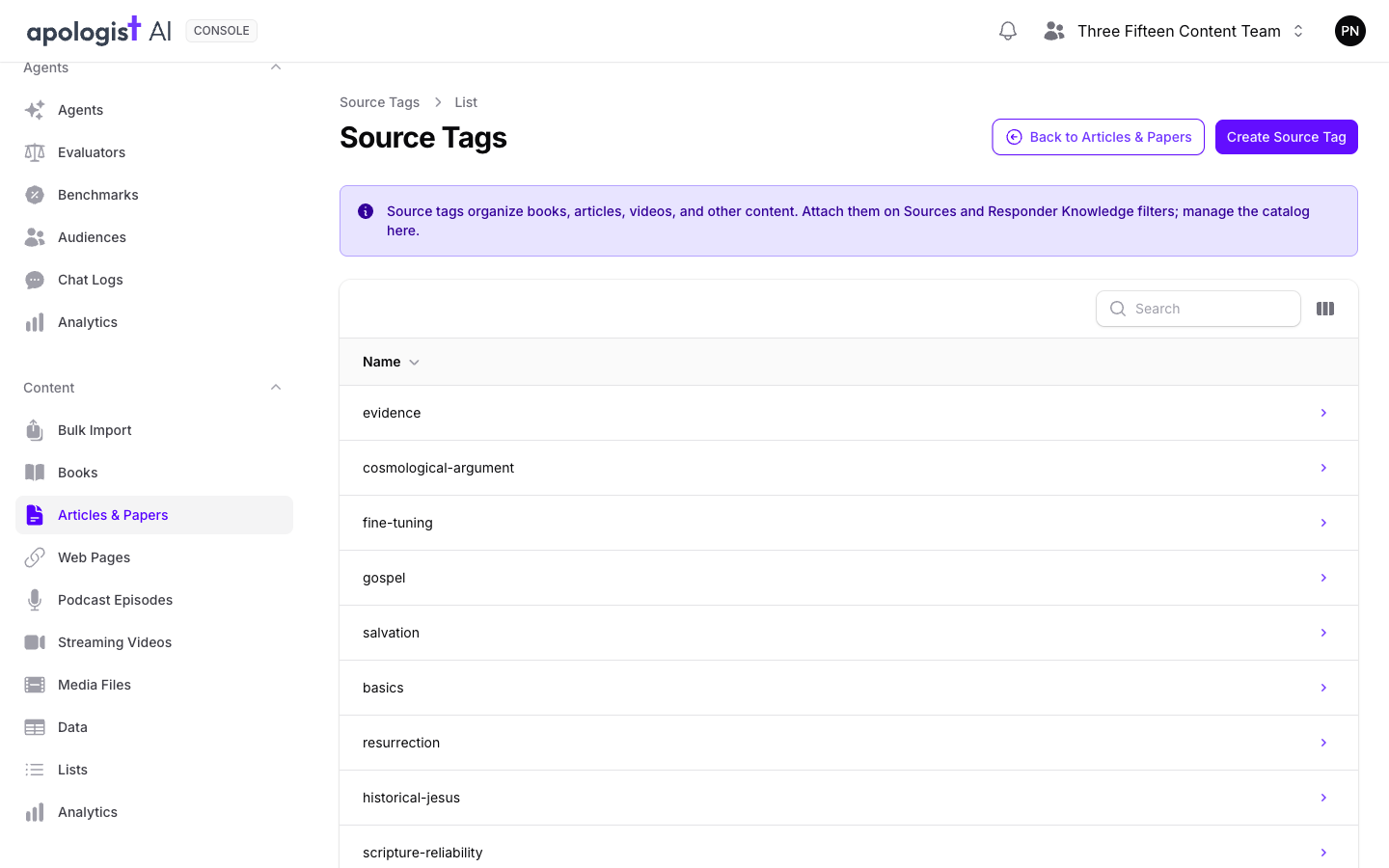 The Source Tags screen in Console, reached from Articles & Papers, with Back to Articles & Papers and Create Source Tag buttons above a list of the team's tags, including evidence, gospel and resurrection.
