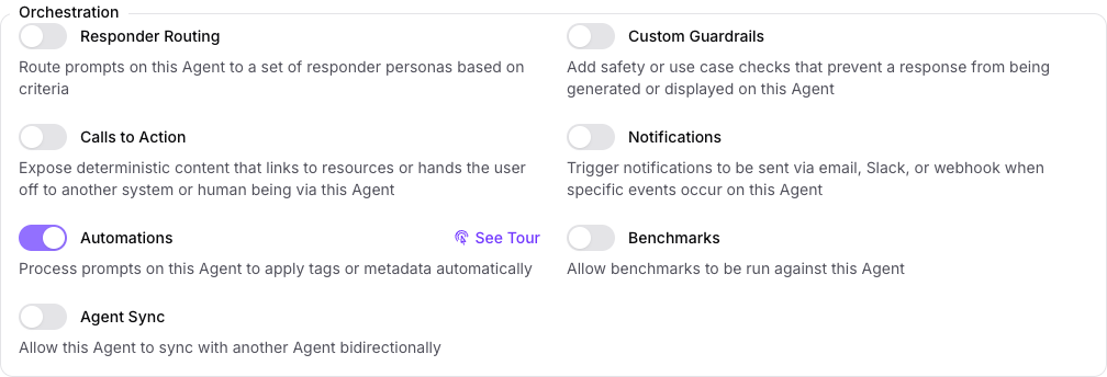 The Orchestration group on the Capabilities tab of the Seeker Agent's General page in Console, with Automations turned on and every other capability in the group turned off.