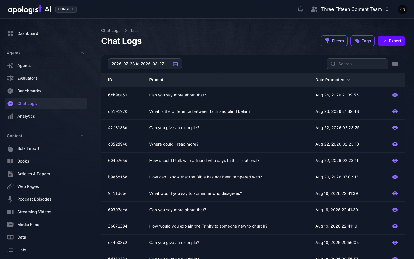 The Chat Logs list in Console showing 25 conversations with their ID, prompt text, and date prompted, filtered to a one-month date range.