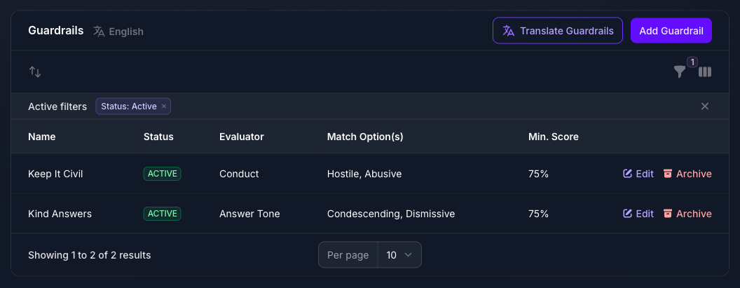 The Guardrails panel on the Seeker Agent's General page in Console, listing Keep It Civil with the Conduct evaluator and Kind Answers with the Answer Tone evaluator, both active, with their matching options and minimum score.