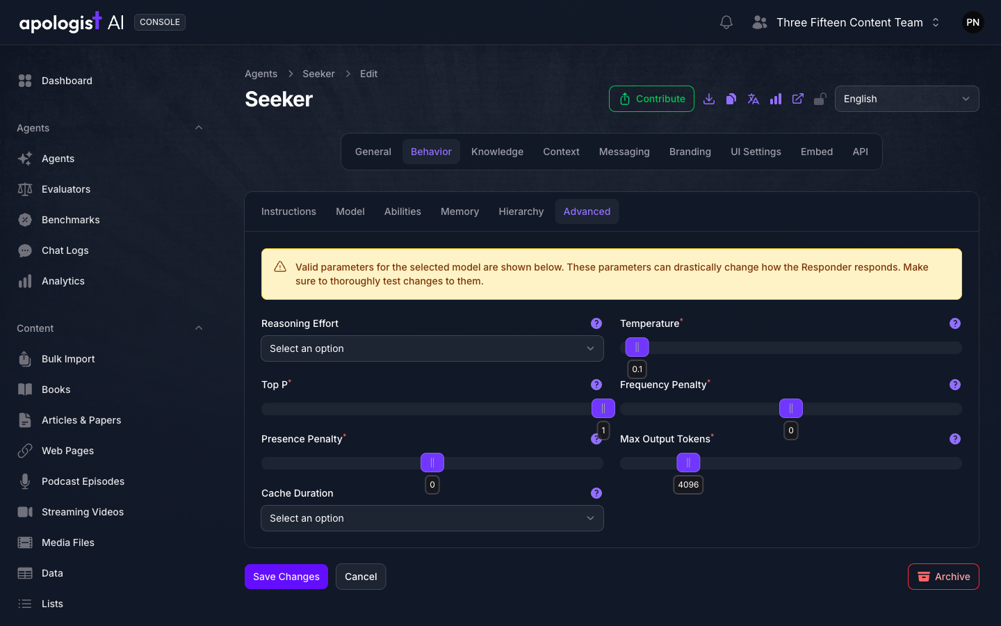The Advanced tab of the Seeker Agent's Behavior page in Console, showing the tuning controls supported by its selected model, including Max Output Tokens and Cache Duration.
