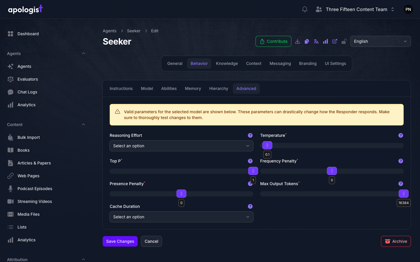 The Advanced tab of the Seeker Agent's Behavior page in Console, showing the tuning controls supported by its selected model, including Max Output Tokens and Cache Duration.