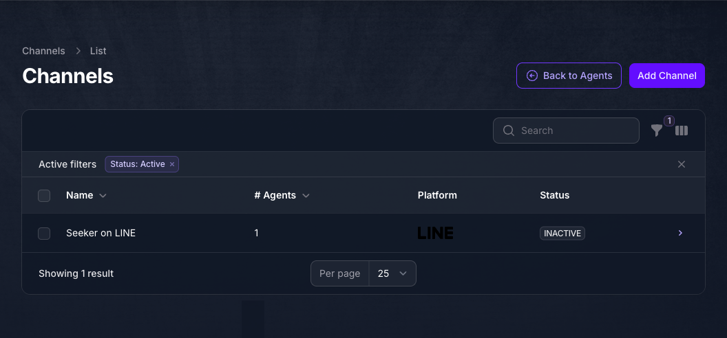 The team-level Channels list in Console with Back to Agents and Add Channel buttons, showing one channel named Seeker on LINE with its agent count, platform logo, and a status of INACTIVE.