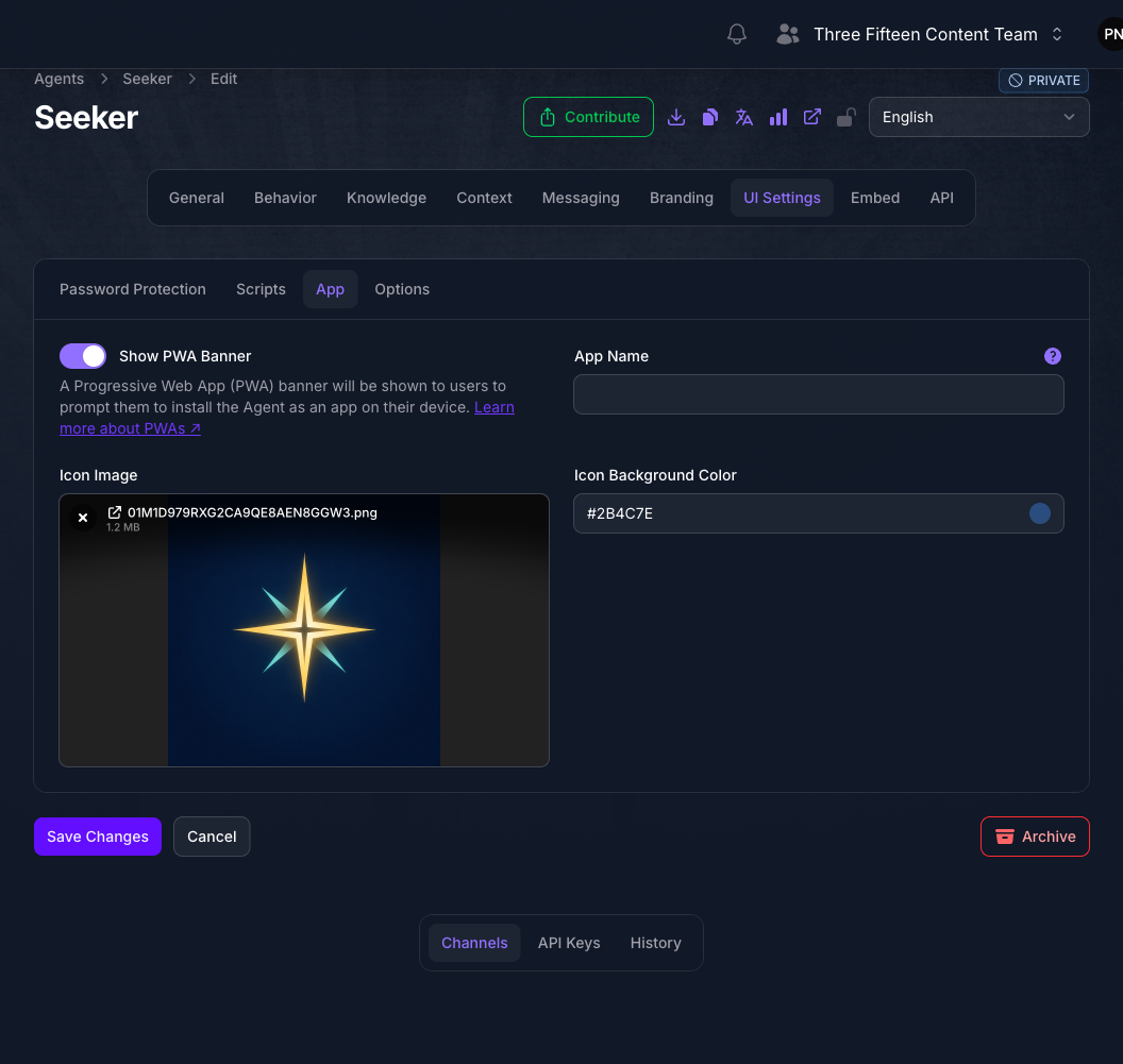 The App tab of the Seeker Agent's UI Settings page in Console, with Show PWA Banner turned on, an empty App Name field, an uploaded icon shown as a preview thumbnail under Icon Image, and an Icon Background Color set to a purple hex value.