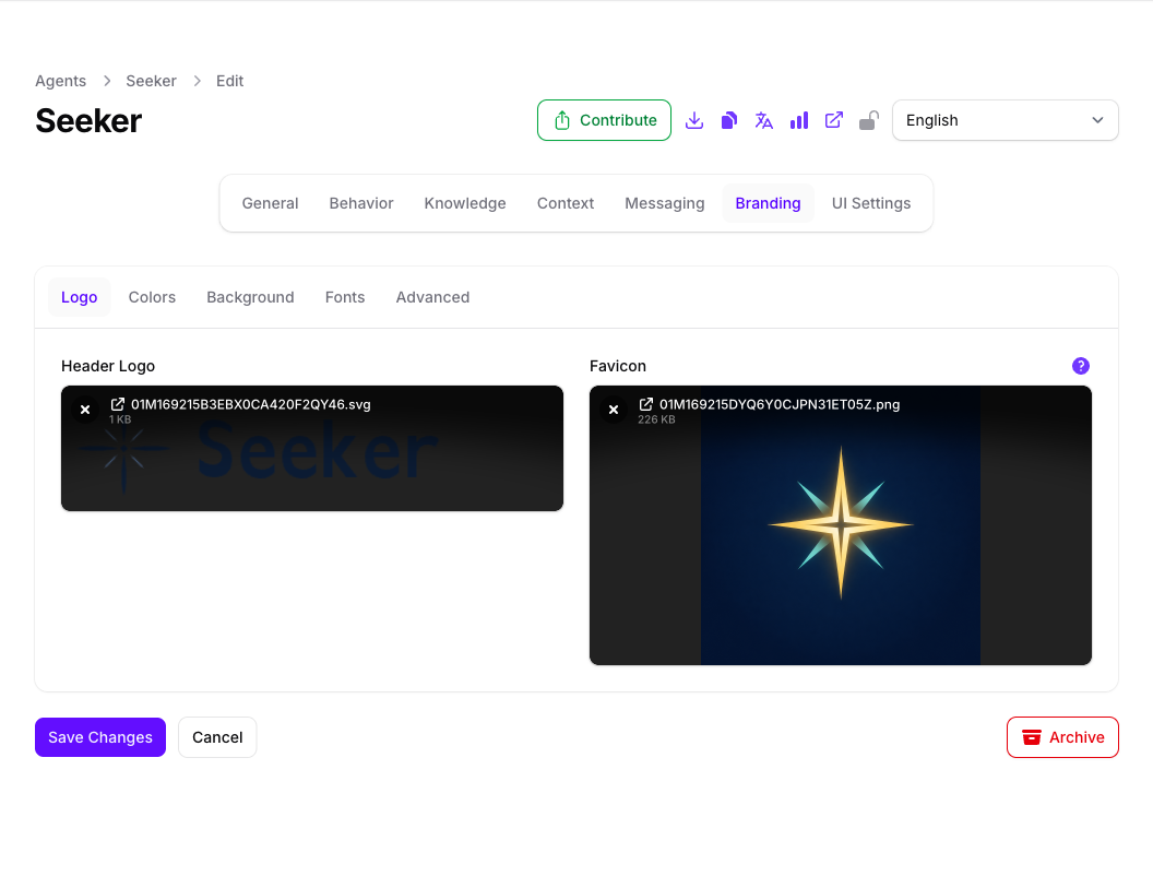 The Logo tab of the Seeker Agent's Branding page in Console, showing an uploaded Header Logo and Favicon each displayed as a preview thumbnail.