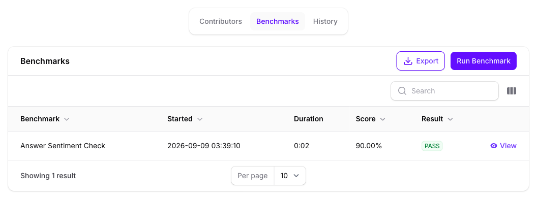 The Benchmarks panel on a Source in Console showing one completed run and the Run Benchmark button, with no questions listed.