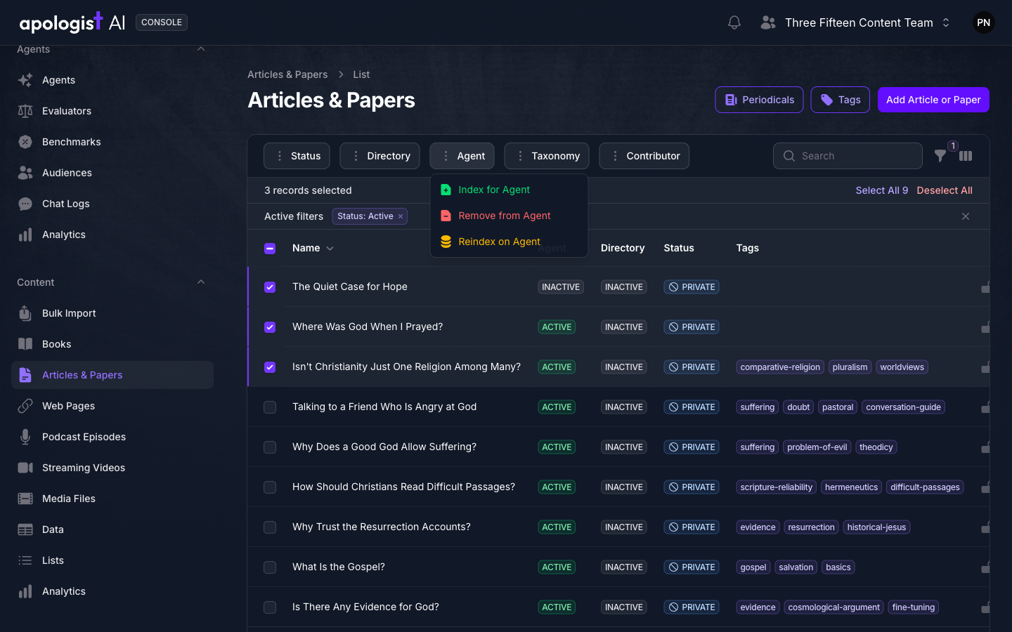 The Articles & Papers list in Console with three rows ticked, 3 records selected, and the Agent menu open above the table offering Index for Agent, Remove from Agent and Reindex on Agent.