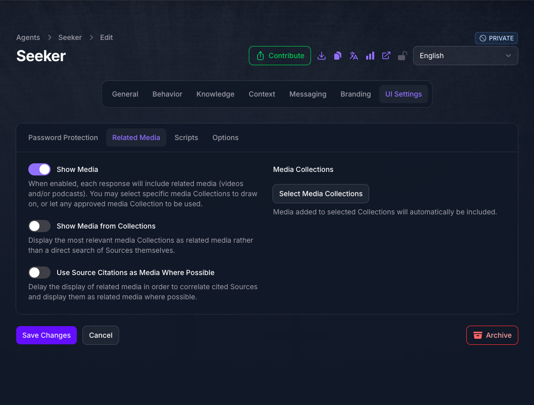 The Related Media tab of the Seeker Agent's UI Settings page in Console, with Show Media turned on above Show Media from Collections and Use Source Citations as Media Where Possible, and the Media Collections picker beside them.