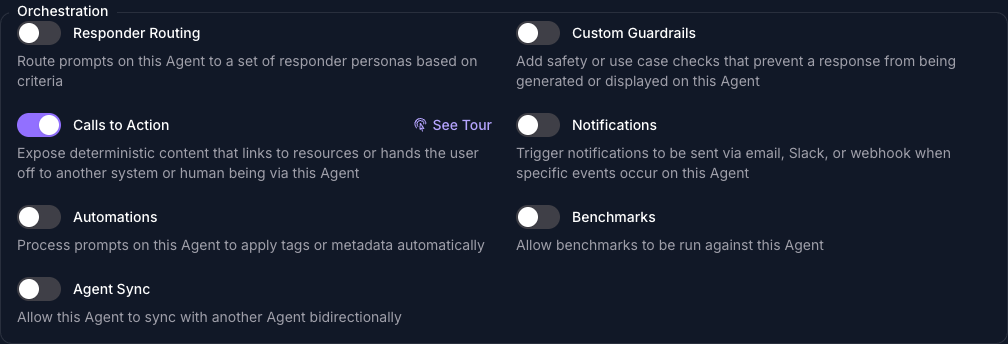 The Orchestration group on the Capabilities tab of the Seeker Agent's General page in Console, with Calls to Action turned on and every other capability in the group turned off.