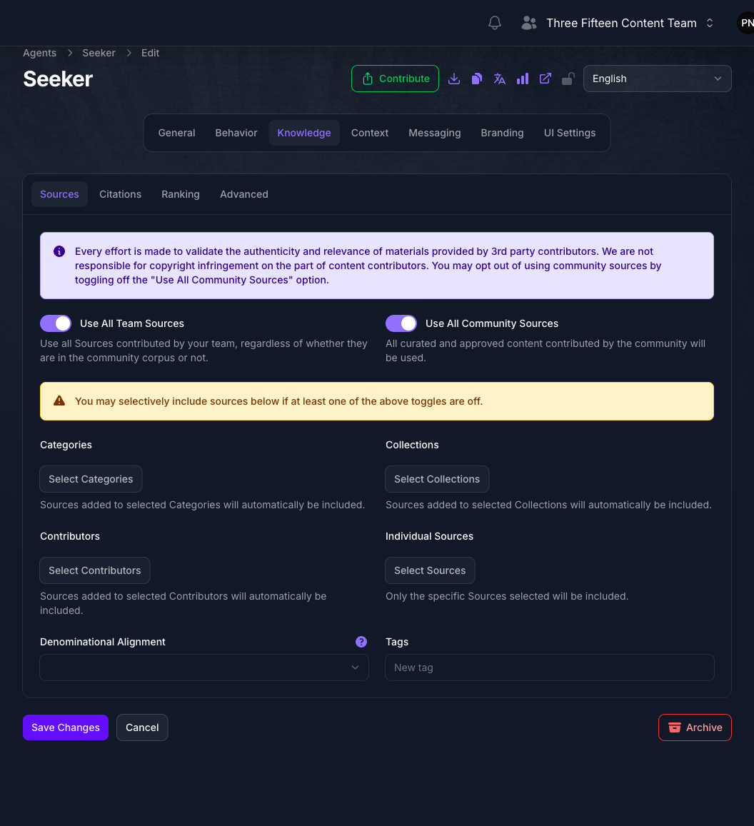 The Sources tab of the Seeker Agent's Knowledge page in Console, with both the Use All Team Sources and Use All Community Sources toggles on, a warning that sources can be selected individually once a toggle is off, and the Categories, Collections, Contributors, and Individual Sources pickers below.