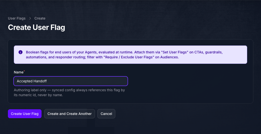 The Create User Flag form in Console, showing the explanatory notice and a single Name field filled in with Accepted Handoff.