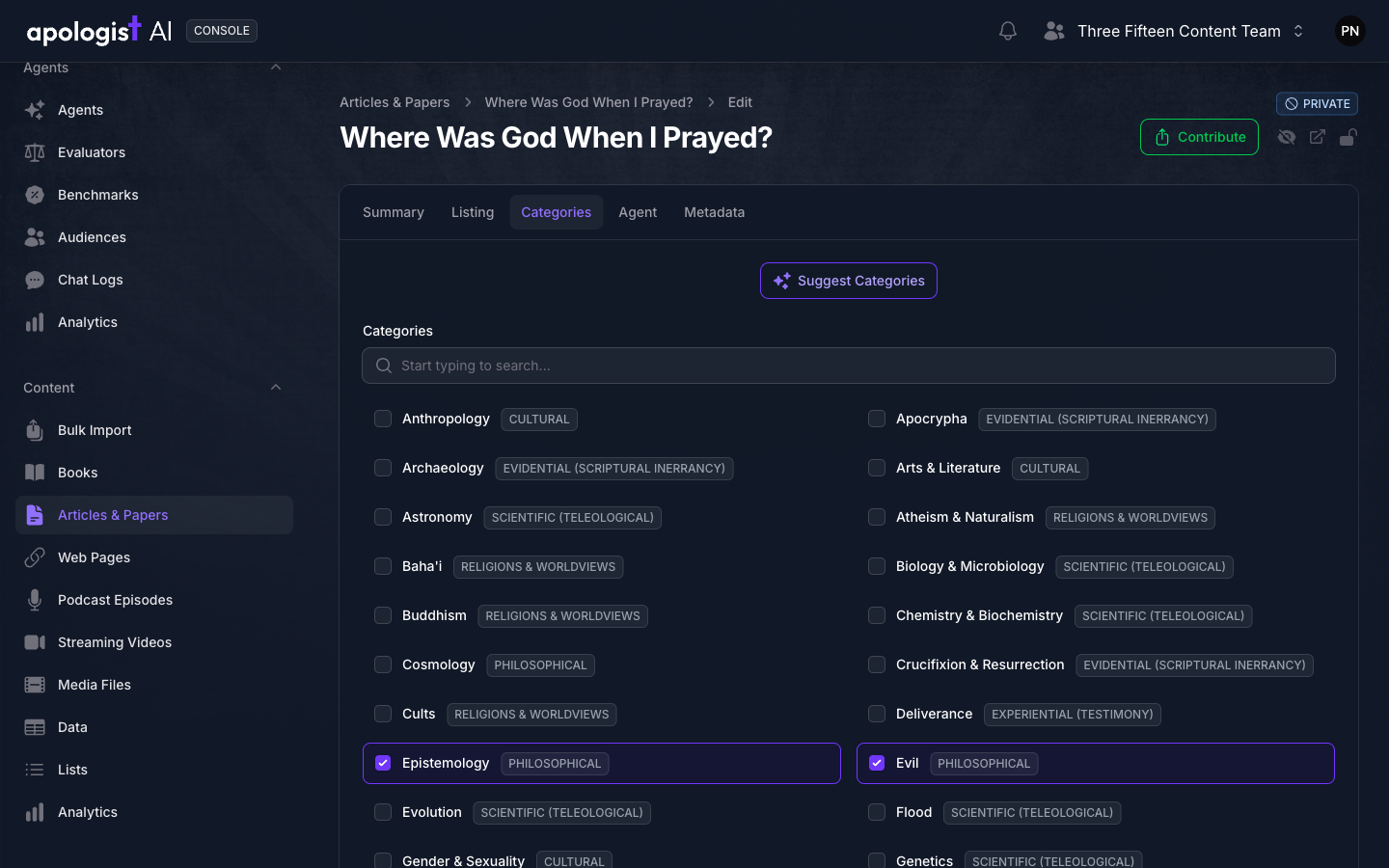 The Categories tab of the article Where Was God When I Prayed? in Console, with Suggest Categories above a searchable list of categories, each labelled with its broader heading, and Epistemology and Evil, both under Philosophical, ticked.