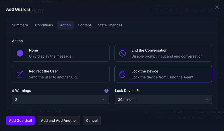 The Action tab of the Add Guardrail dialog in Console with Lock the Device selected among None, End the Conversation, and Redirect the User, revealing a Lock Device For duration of 30 minutes beside the warning count.