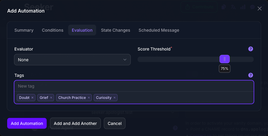 The Evaluation tab of the Add Automation dialog in Console, with the Evaluator picker on None, a Score Threshold of 75%, and the Tags field holding Doubt, Grief, Church Practice and Curiosity.