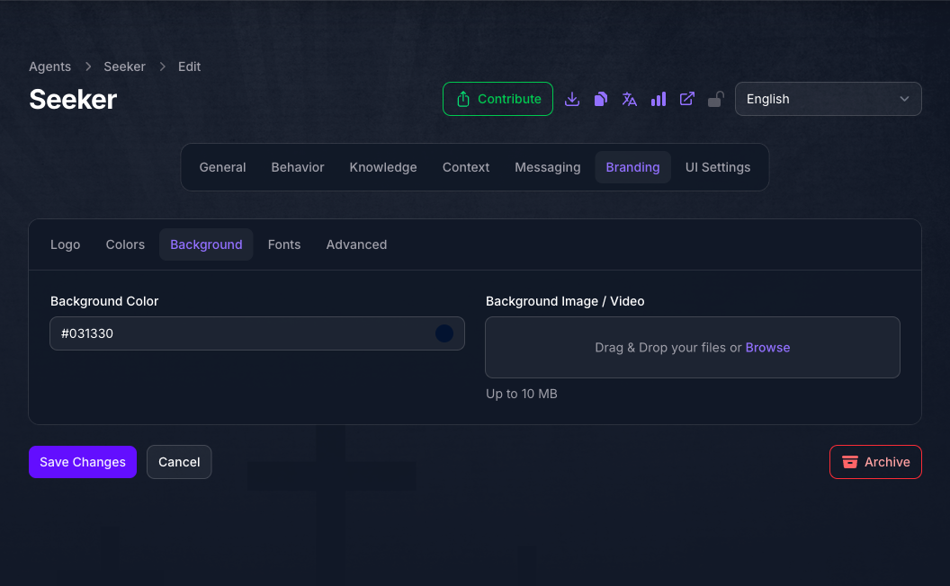 The Background tab of the Seeker Agent's Branding page in Console, showing a Background Color swatch set to a deep navy and an empty Background Image or Video upload field.