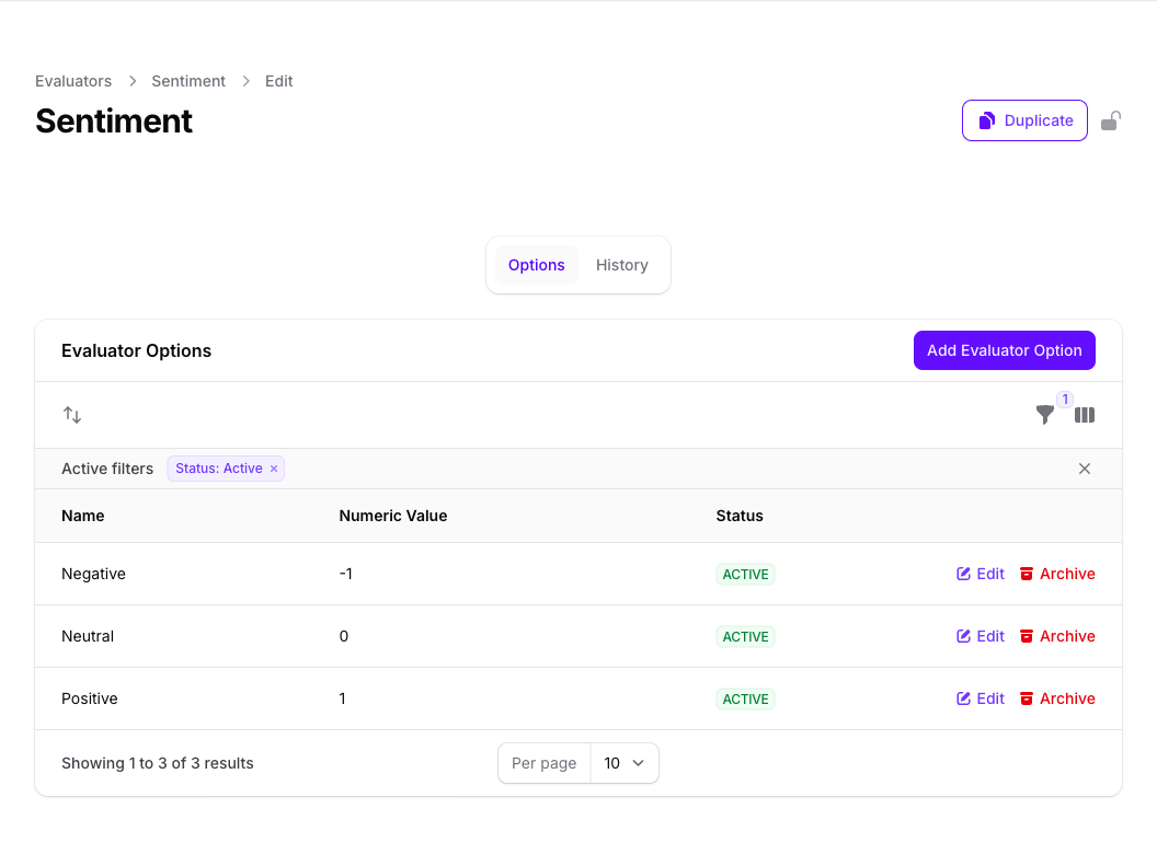 The Evaluator Options panel of the Sentiment evaluator in Console, listing Negative, Neutral, and Positive with numeric values of minus one, zero, and one, all active.