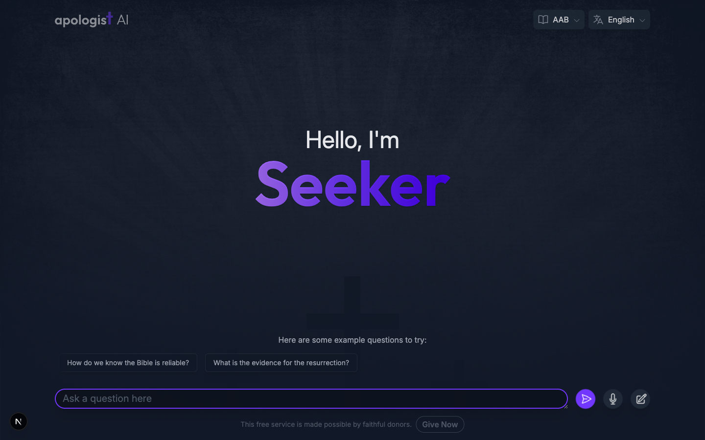 The Seeker Agent at its own address, with two suggested question buttons under the heading Here are some example questions to try:, directly above the Ask a question here box.