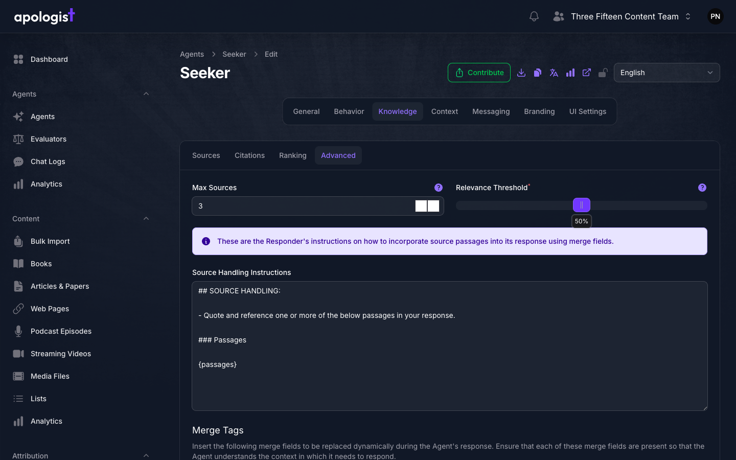 The Advanced tab of the Seeker Agent's Knowledge page in Console, showing Max Sources set to 3, a Relevance Threshold slider at 50 percent, and a Source Handling Instructions field containing a SOURCE HANDLING block ending in the passages merge tag.
