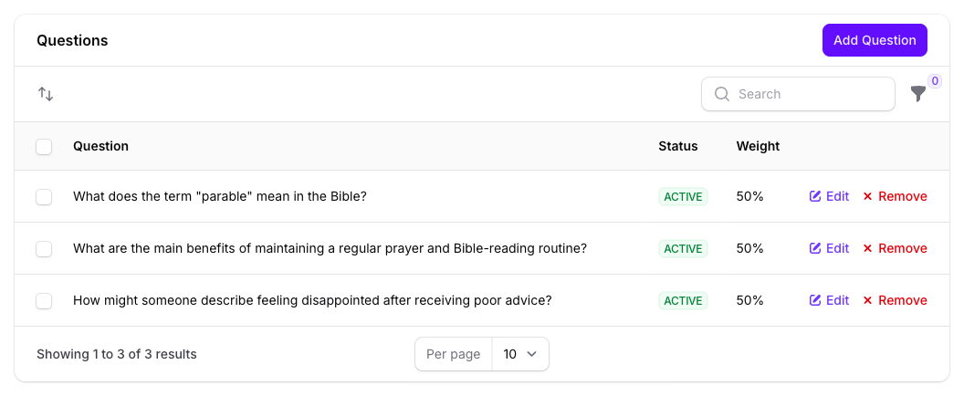The Questions panel on the Answer Sentiment Check Benchmark in Console, listing the three attached questions, each active and weighted at 50%.