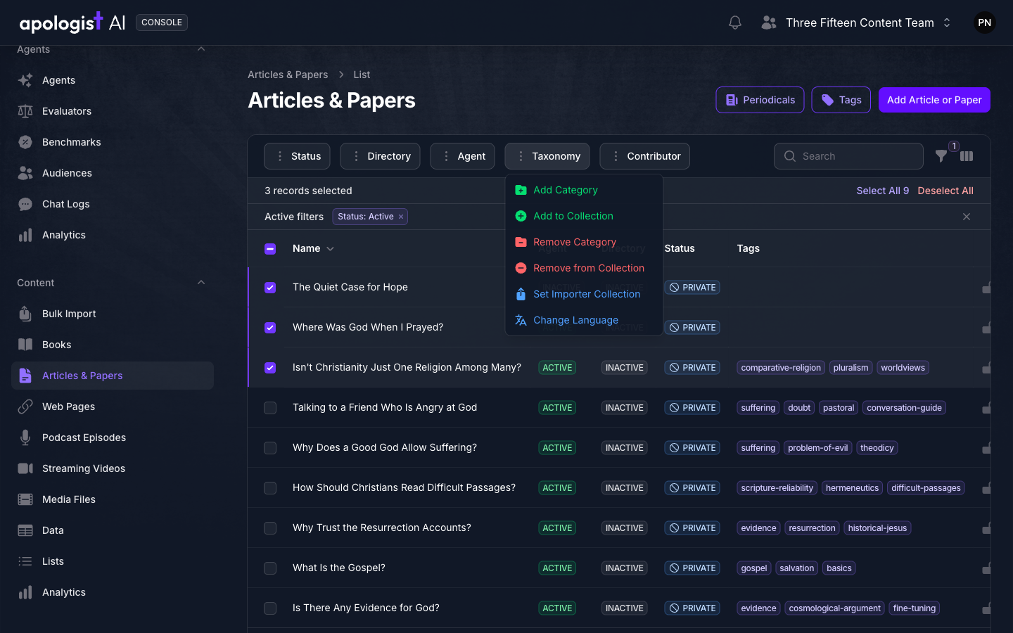 The Articles & Papers list in Console with three rows ticked, 3 records selected, and the Taxonomy menu open above the table offering Add Category, Add to Collection, Remove Category, Remove from Collection, Set Importer Collection and Change Language.