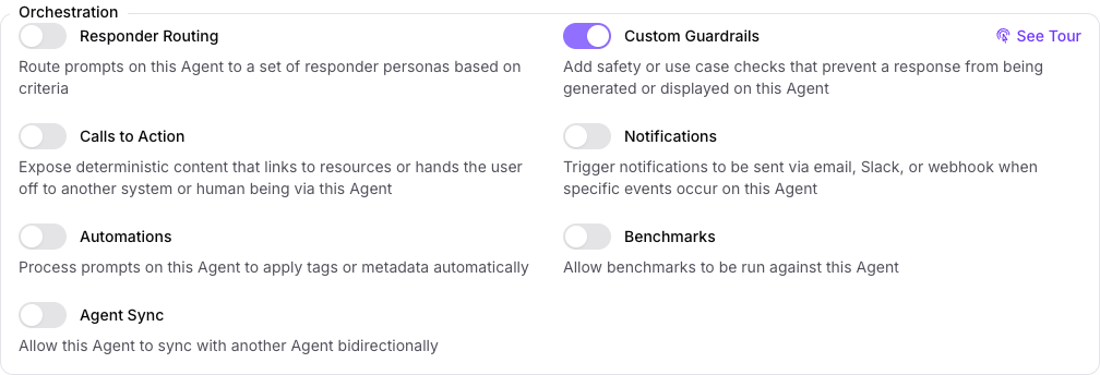 The Orchestration group on the Capabilities tab of the Seeker Agent's General page in Console, with Custom Guardrails turned on and every other capability in the group turned off.