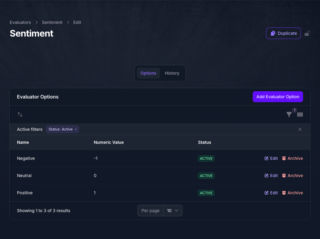 The Evaluator Options panel of the Sentiment evaluator in Console, listing Negative, Neutral, and Positive with numeric values of minus one, zero, and one, all active.