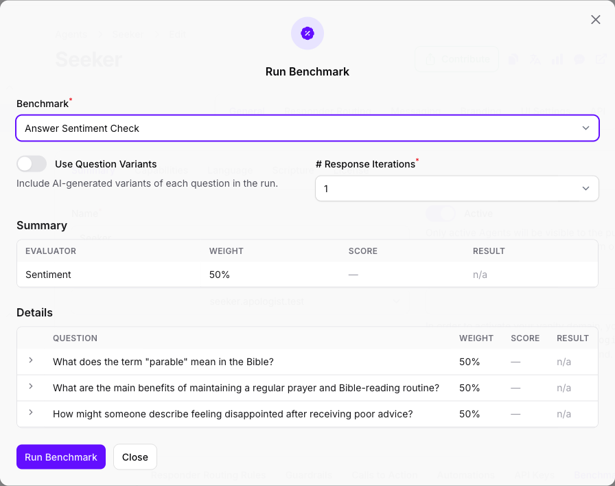 The Run Benchmark dialog on the Seeker Agent in Console with Answer Sentiment Check selected, Use Question Variants off, # Response Iterations set to 1, and a summary listing the Sentiment evaluator and three questions.