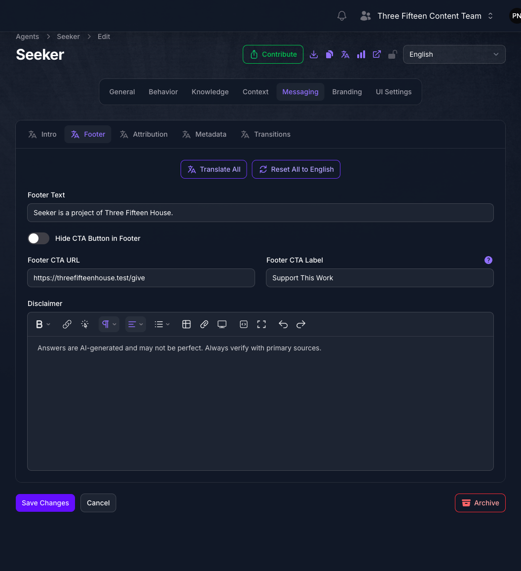 The Footer tab of the Seeker Agent's Messaging page in Console, showing Footer Text, a Hide CTA Button toggle, Footer CTA URL and Label, and a rich text Disclaimer.