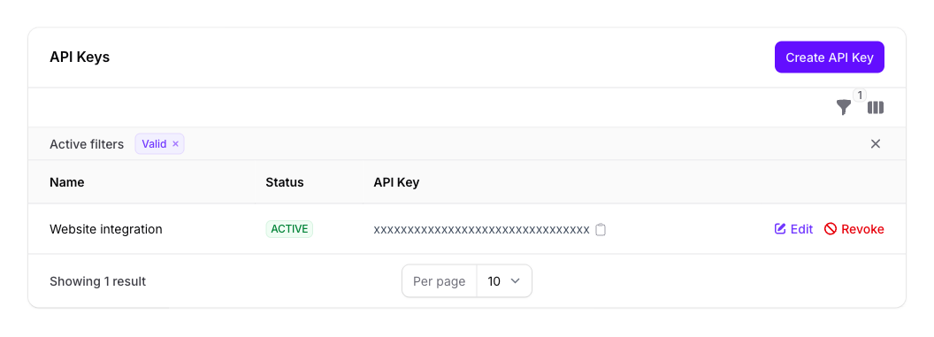 The API Keys tab for the Seeker Agent in Console, listing one key named Website integration with an ACTIVE status, its value masked as a row of x characters with a copy button, and Edit and Revoke actions.