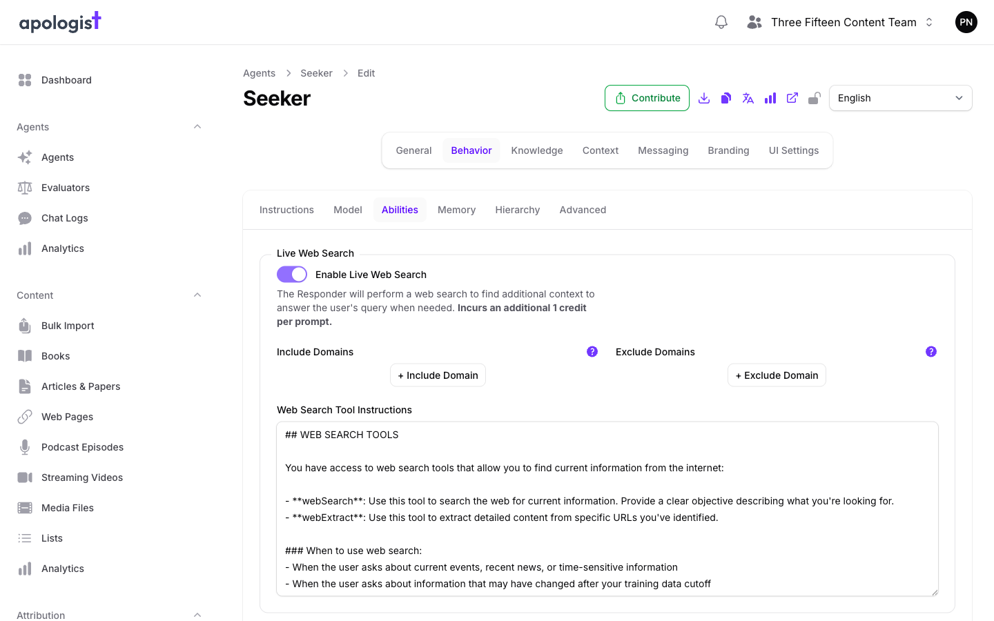 The Abilities tab of the Seeker Agent's Behavior page in Console with Enable Live Web Search turned on, showing Include Domains and Exclude Domains repeaters and a Web Search Tool Instructions field filled with the default WEB SEARCH TOOLS text.