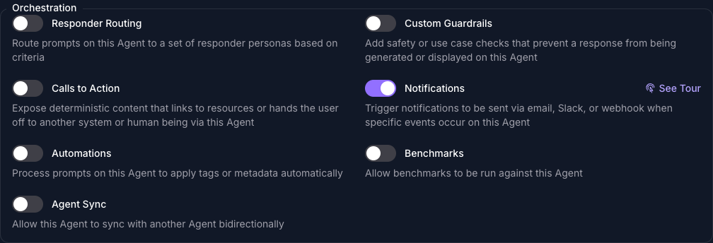 The Orchestration group on the Capabilities tab of the Seeker Agent's General page in Console, with Notifications turned on and every other capability in the group turned off.