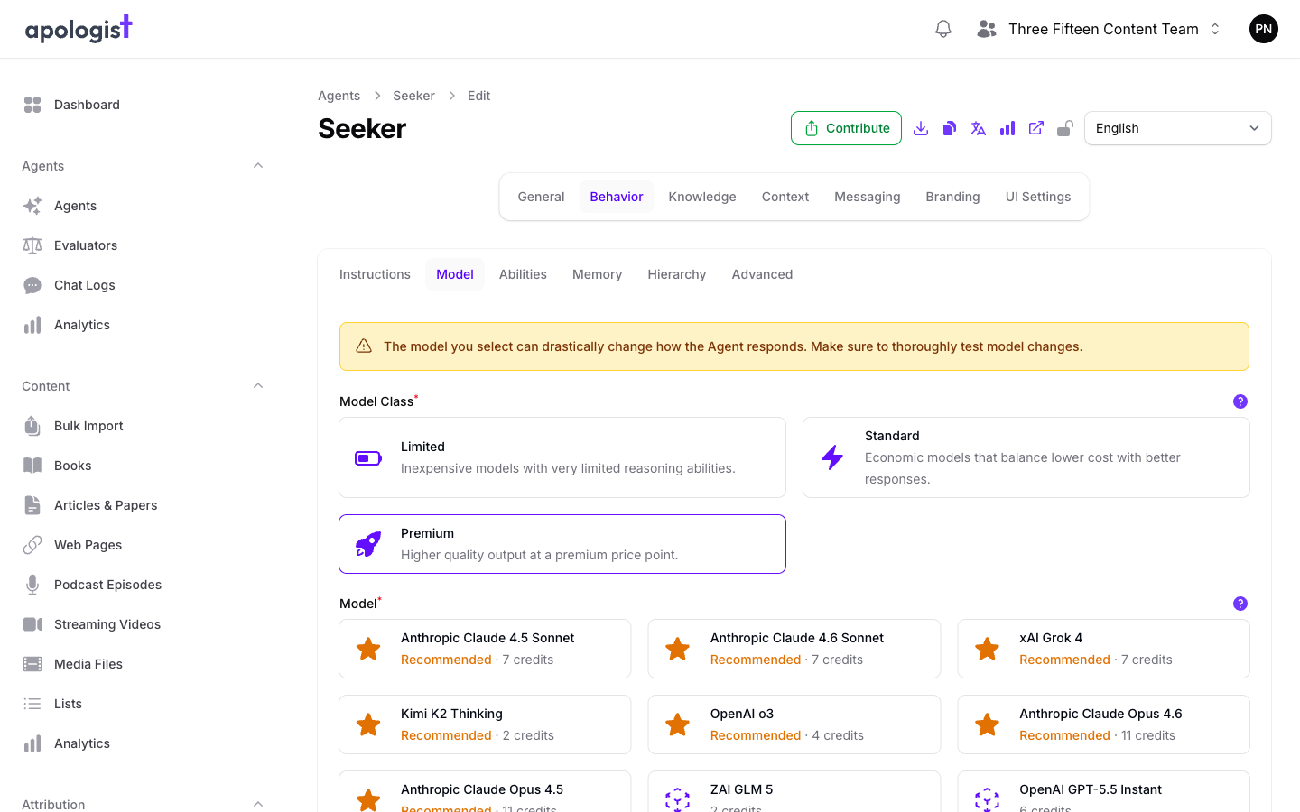 The Model tab of the Seeker Agent's Behavior page in Console, showing model classes and model cards with their per-response credit costs.