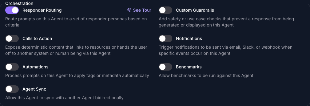 The Orchestration group on the Capabilities tab of the Seeker Agent's General page in Console, with Responder Routing turned on above Custom Guardrails, Calls to Action, Notifications, Automations, Benchmarks, and Agent Sync.