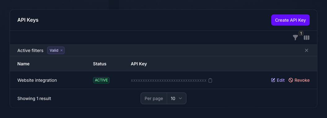 The API Keys tab for the Seeker Agent in Console, listing one key named Website integration with an ACTIVE status, its value masked as a row of x characters with a copy button, and Edit and Revoke actions.
